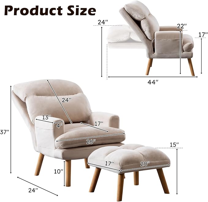 Accent Chair with Ottoman Comfy Reading Chair Armchair with Adjustable Backrest and Side Pockets Soft Fabric Leisure Sofa for Bedroom, Living Room, Dorm Rooms, Garden, Beige