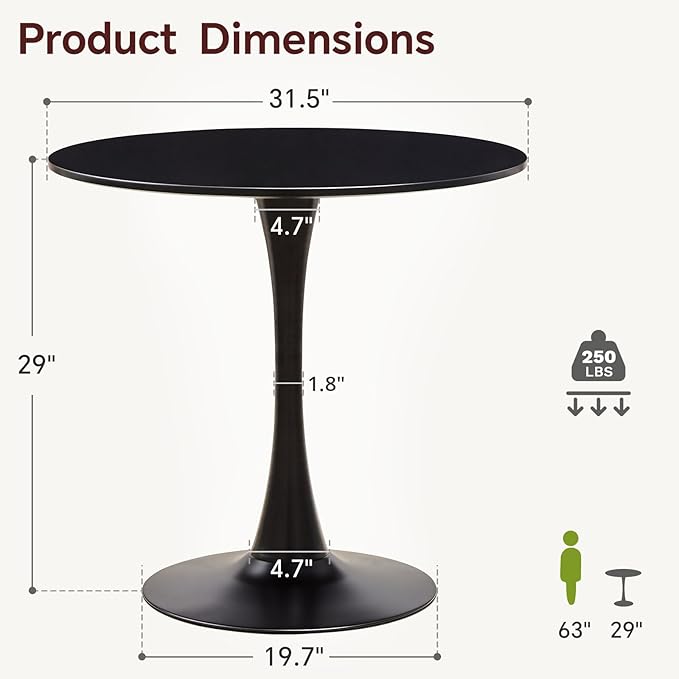 Round Dining Table 31.5" Black Tulip Table with Pedestal Base for 2-4 People Small Space - Kitchen Living Room Cafe
