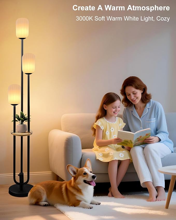 Lightdot Black Dimmable Floor Lamp with Shelf Modern Floor Lamps with Oval Striped Lampshade & Bulb Included 3-Lights Tall Lamp with 5Lbs Heavy Base for Living Room/Bedroom/Sofa Beside/Corner Decor