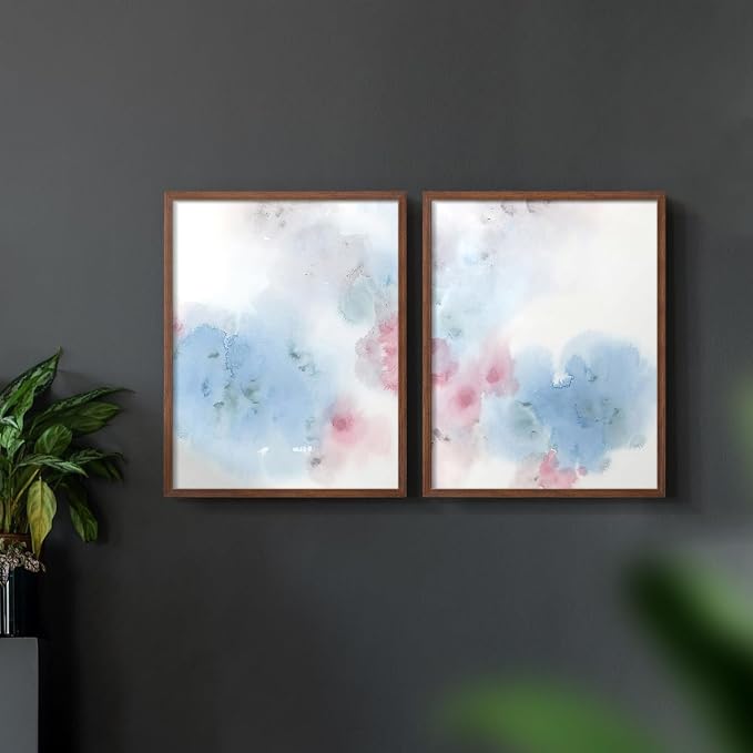 Renditions Gallery Set of 2 Peel & Stick Framed Prints, Watercolor Abstract Wall Art, Cotton Candy Splash Wall Decor, Re-Stickable - Ready to Hang - 22"x28" - Walnut Frame LT588