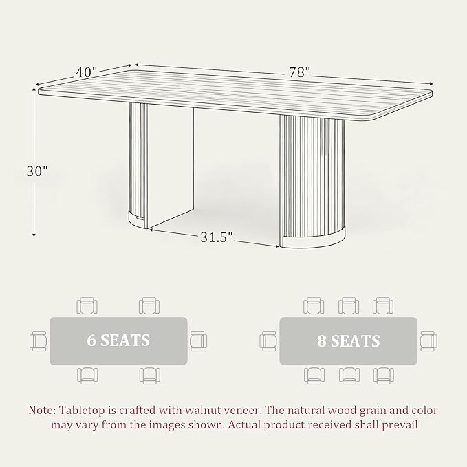 AUZ 78in Farmhouse Dining Table for 4-8, Rectangular Wood Kitchen Table with Walnut Veneer Top and Roman Column Legs, Large Dining Room Table for Dining Room, Living Room