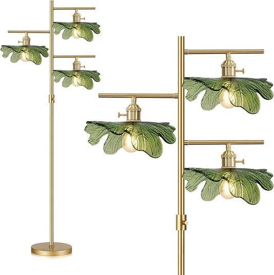 Dimmable Floor lamp 3 Light mid Century Modern Tall Floor lamp Standing Lamps Green Glass Floor Lamps 65" Gold Tall lamp for Living Room Corner Bedroom Farmhouse