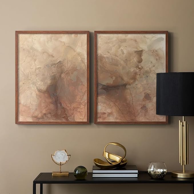 Renditions Gallery Set of 2 Peel & Stick Framed Prints, Abstract Wall Art, Brown Textured Marble Design Re-Stickable - Ready to Hang - 11"x14" - Walnut Frame LT588