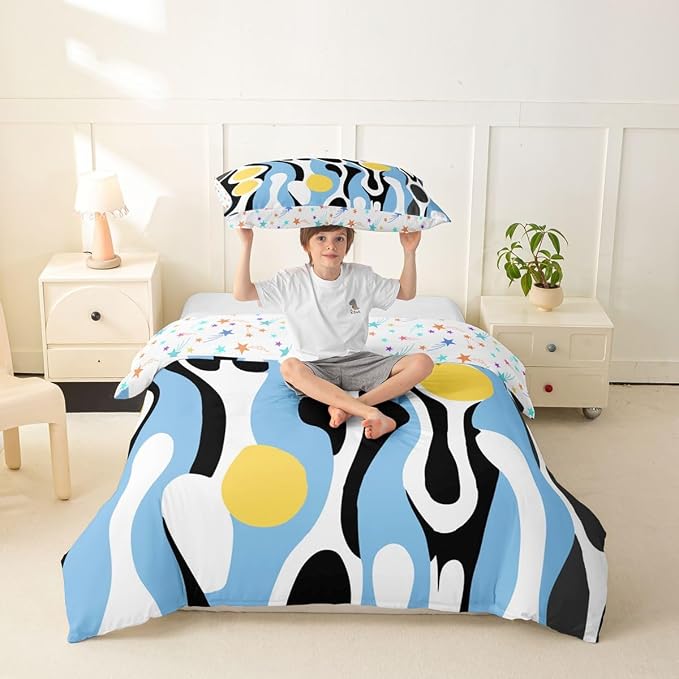 Erosebridal Mid Century Modern Abstract Duvet Cover Set Vintage Geometric Twin Bedding Sets for Girls Teenage Boys Contemporary Organic Shapes Comforter Cover Squiggle Blob Bed Set,Blue Yellow