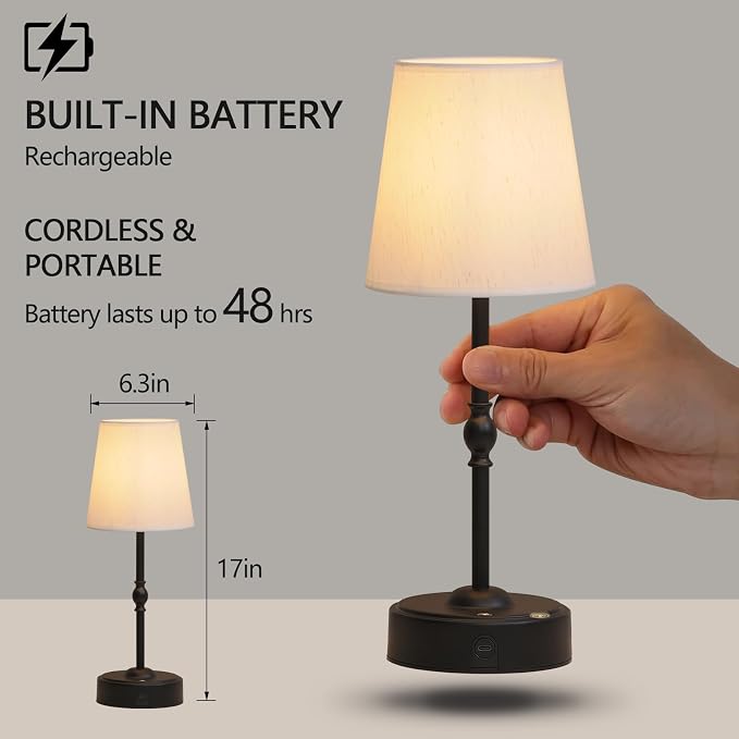 MEIXISUE Cordless Rechargeable LED Table Lamp with Dimmer,Black Portables Desk Lamp,Small Bedside Lamp,Battery Operated Lamp for Patio Balcony Corner Camping Bar RV
