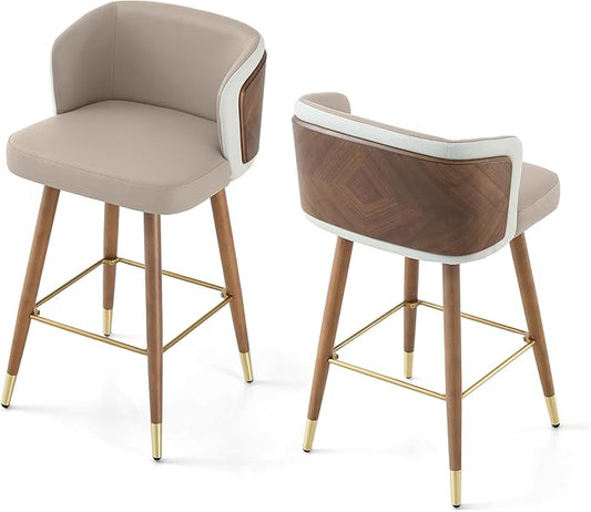 ARTPLAN Mid Century Modern Bar Stools Set of 2 for Counter Height - Leather Upholstered Seat with Walnut Wood Frame, Retro 34 Inch Bar Chairs for Home Kitchen Island, Bar, Breakfast Nook,Apricot