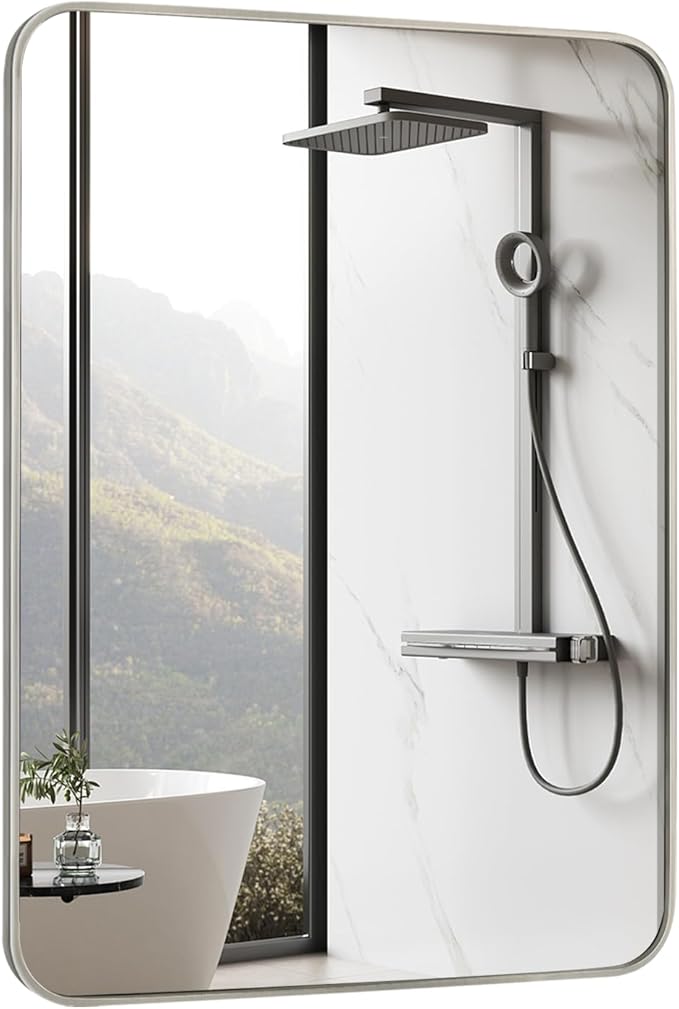 Bathroom Mirror Brushed Nickel, 30 x 36 Inch Metal Frame Rectangle Mirror Rounded Silver Modern Vanity Mirror Anti-Rust for Bathroom, Farmhouse Wall Mounted Vertically/Horizontally