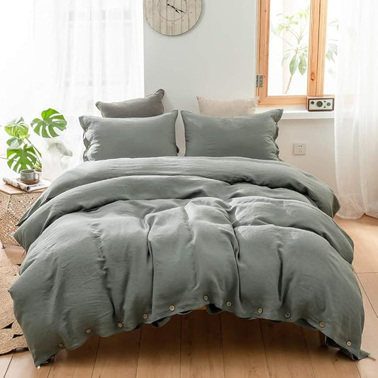 Simple&Opulence 100% Linen Duvet Cover Set 3pcs with Coconut Button Closure Natural French Washed Flax Solid Color Soft Breathable Farmhouse Bedding - Cushing Green, King Size