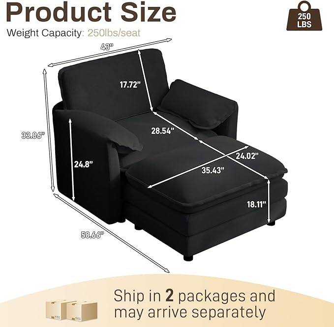 Oversized Chaise Lounge Chair Indoor with Ottoman, Firm Solid Wood Frame with Long Service Life Chenille Oversized Lounge Reading Chair for Study Room - Black