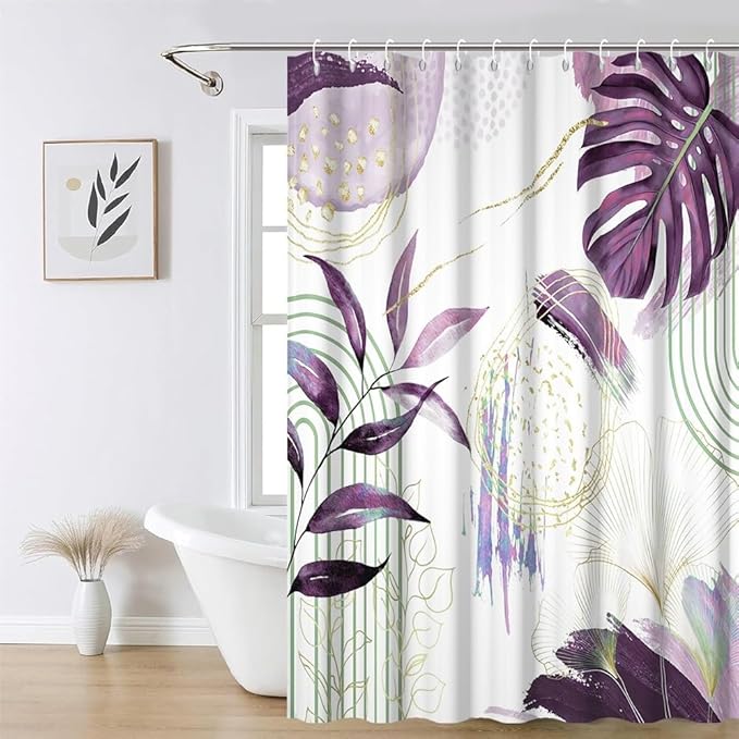 Mid Century Boho Shower Curtain Elegant Gold Purple Palm Leaf Abstract Minimalist Aesthetic Bathroom Decor Watercolor Plant Bathtub Curtains Washable Waterproof Polyester Fabric with Hooks 72x72 Inch