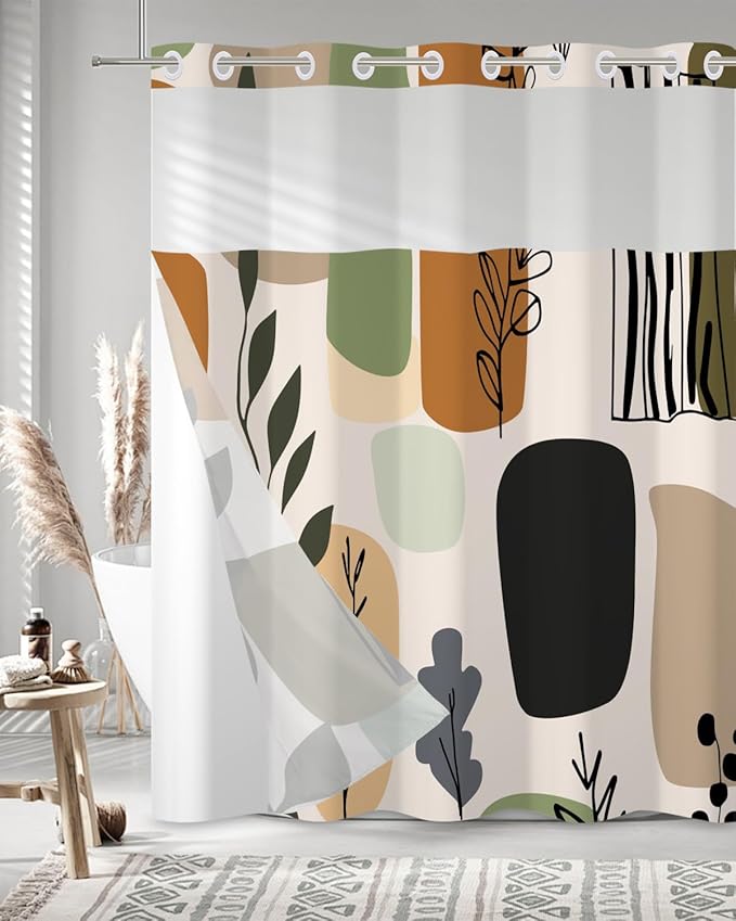 No Hook Shower Curtain and Snap in Liner Set - Modern Abstract Botanical Geometric Pattern Shower Curtains for Boho Mid-Century Bathroom, Waterproof Bath Tub Curtain with Mesh Top, 71Wx74H