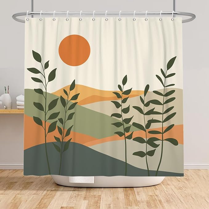 Modern Boho Shower Curtain Set,Mid Century Shower Curtains for Bathroom,Minimalist Sun Waterproof Bathroom Curtains with Hooks 72x72inch