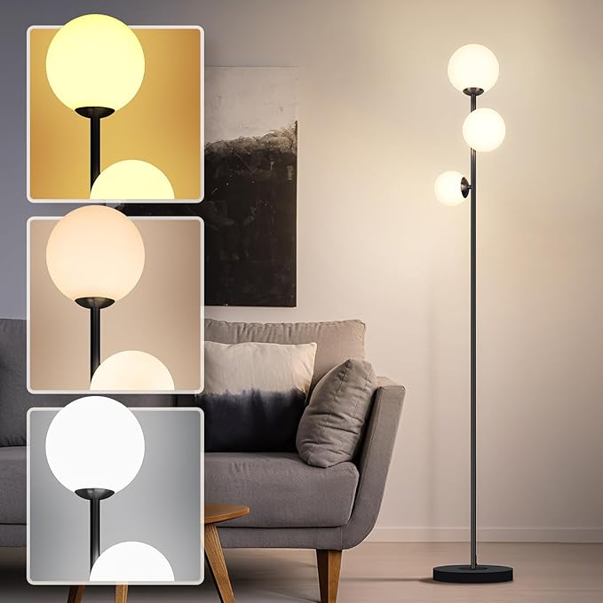3 Globe Floor Lamp - Mid Century Modern Standing Light with 3 Color Temperatures, LED Bulbs, Frosted Glass Shades for Living Room (Black)