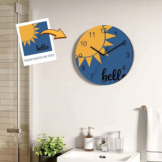 Sunburst Rays Wall Clock Battery Operated Non-Ticking 12" Round Wood Clocks, Mustard Yellow Slate Blue Kitchen Wall Clock for School Bathroom Living Room Home Office Wall Decor