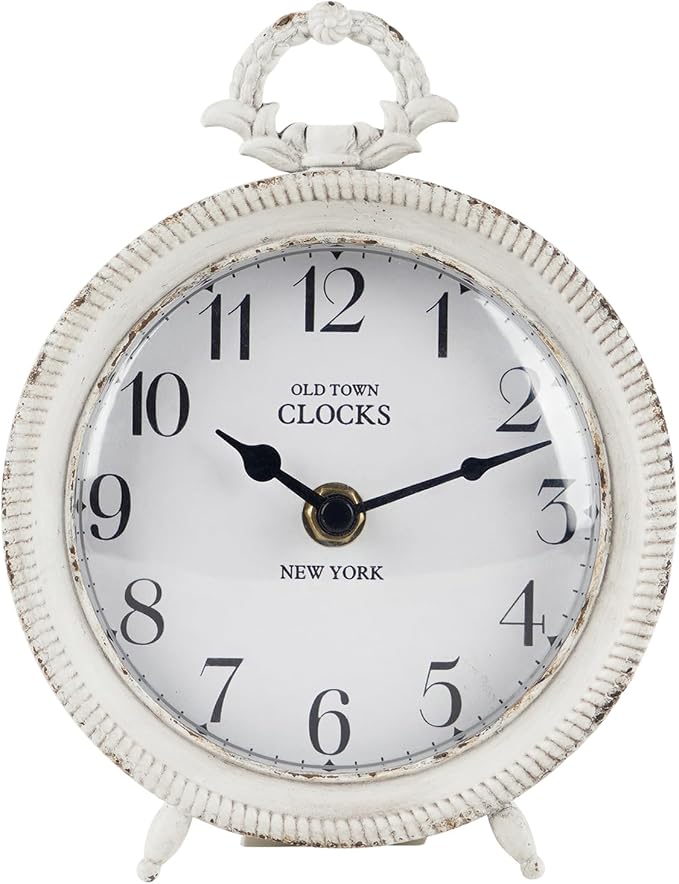 NIKKY HOME Table Clock, Vintage Desk Clock, Antique White Finish Table Clocks, Non-Ticking Battery Operated Decorative Shelf Clock for Living Room Bedroom Gift Clocks