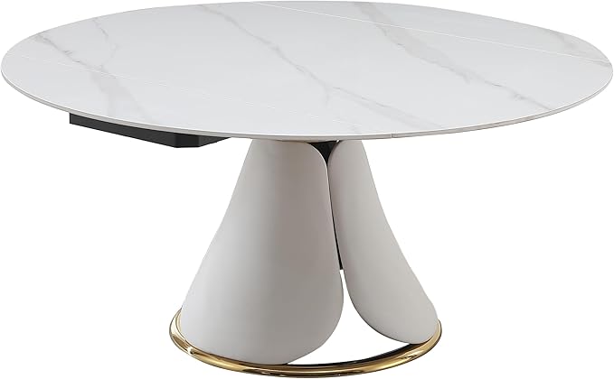 59'' Round Marble Dining Table Set for 6-8, Multi-Functional Retractable Kitchen Table, Dining Room Table Set Petal Pu Leather & Metal Base (1 Table and 6 Blue Chairs)
