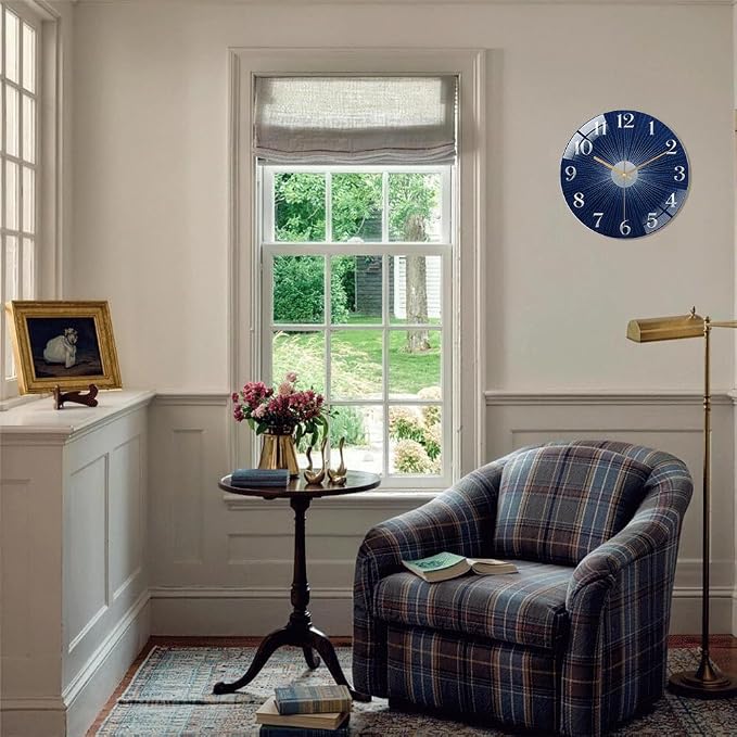 12 Inch Navy Sunburst Glass Wall Clock Silent Modern Art Decor | Silent glossy clock with deep blue sunburst and silver numbers, elegantly tracking time for your modern living room