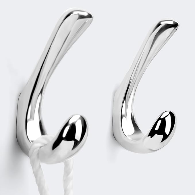 2 Pack Towel Hooks for Bathrooms Wall Mounted, Polished Chrome Bathroom Hooks for Towels, Robe & Towel Hook for Wall, Modern Bath Towel Hook