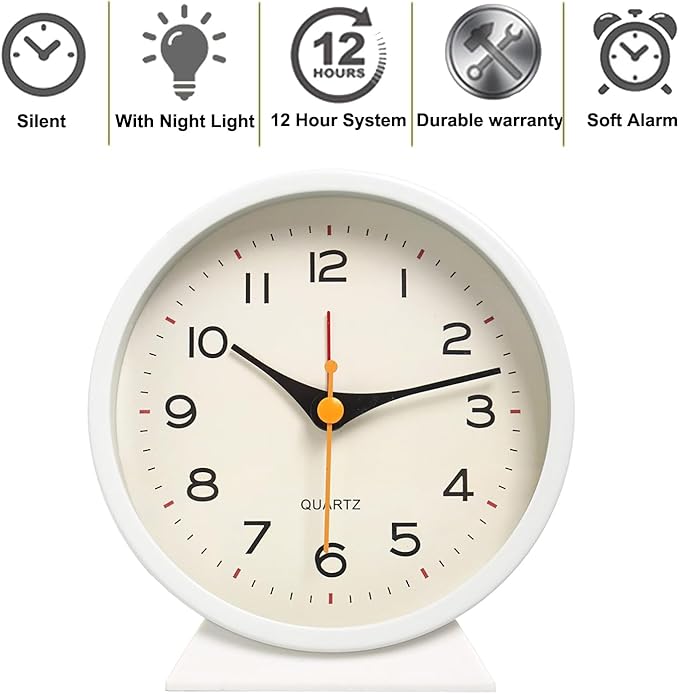 SHISEDECO 4.5" Battery Operated Antique Retro Analog Alarm Clock, Small Silent Bedside Deskclock with Light Function, Non-Ticking Tableclock Decor for Living Room, Bedroom, Bedside, Shelf (White)