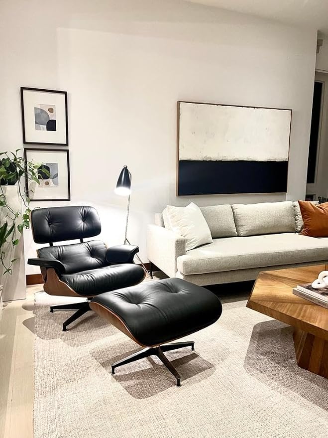 Top Black Grain Leather Mid Century Chaise Lounge Chair with Ottoman, Recliner Chaise Lounge, Modern Accent Chair for Living Room Office (Light Walnut)