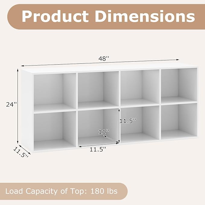 DREAMADE 8 Cube Storage Organizer, 2 Tier Multipurpose Display Shelf w/Open Storage & 2 Anti-Tipping Kits, 8-Cube Wooden Bookcase for Living Room, Bedroom, Study, Home, Office (White)