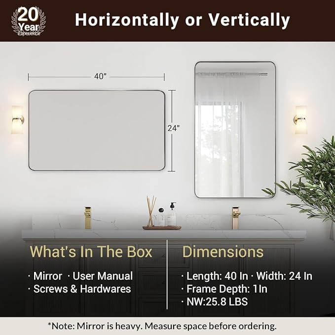 ANDY STAR Brushed Nickel Bathroom Mirror, 24”x40” Rounded Corner Rectangle Mirror, Modern Metal Frame Bathroom Vanity Mirror