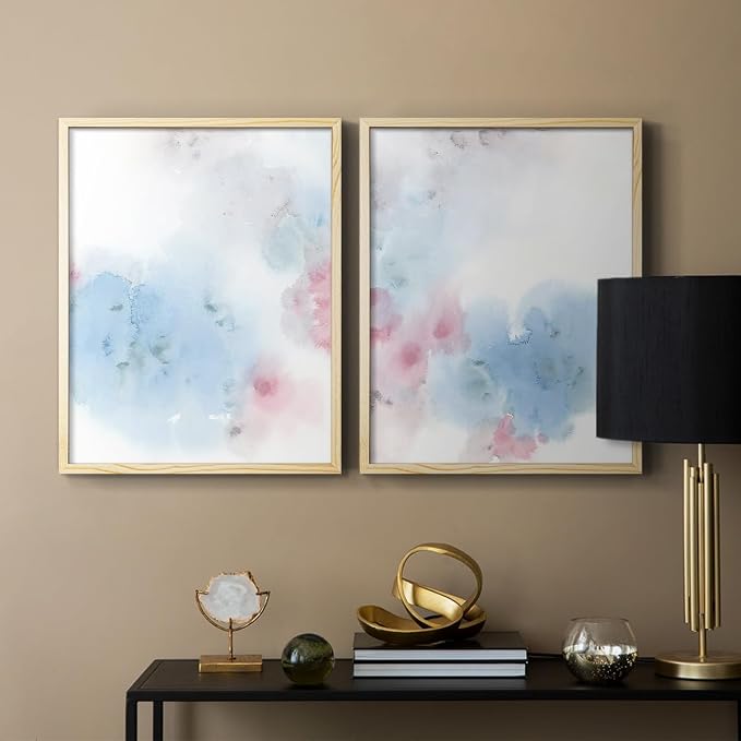 Renditions Gallery Set of 2 Peel & Stick Framed Prints, Watercolor Abstract Wall Art, Cotton Candy Splash Wall Decor, Re-Stickable - Ready to Hang - 22"x28" - NATURAL WOOD Frame LT588