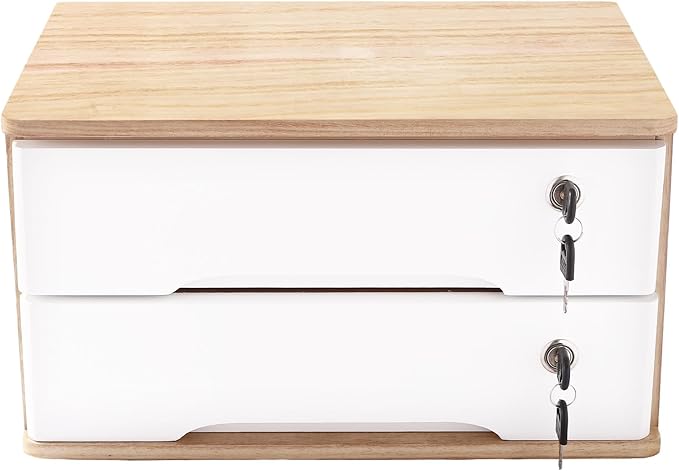 Wooden Desk Organizer with Drawers & Lock Desktop Storage Cabinet Tabletop Organizing Unit for Home Office Supplies File Stationery Jewelry (Light Brown, 2 Tiers)
