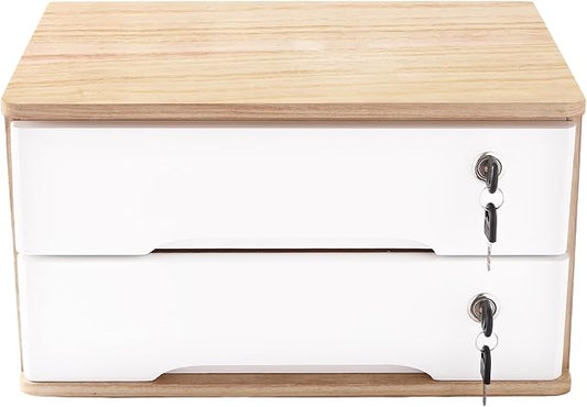 Wooden Desk Organizer with Drawers & Lock Desktop Storage Cabinet Tabletop Organizing Unit for Home Office Supplies File Stationery Jewelry (Light Brown, 2 Tiers)