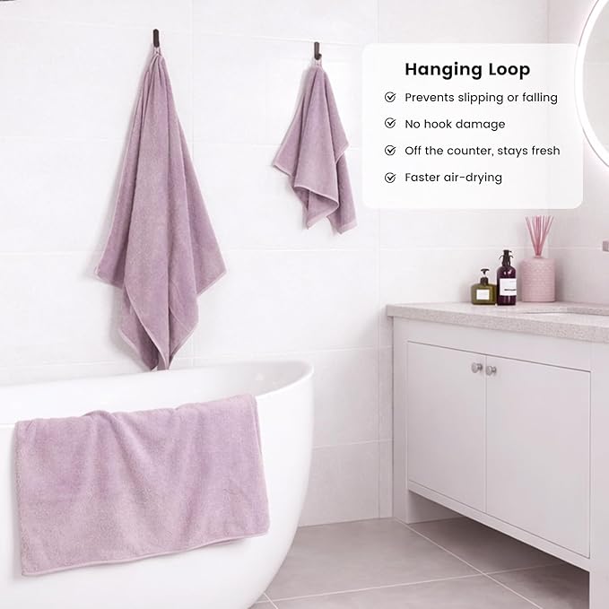 SEMAXE Bath Towel Set, 100% Cotton Absorbent Bathroom Towels with Hanging Loops and Nano-Bio Lifecycle Labels, 8 Piece Towel Set Include 2 Bath Towels, 2 Hand Towels, 4 Washcloths, Purple