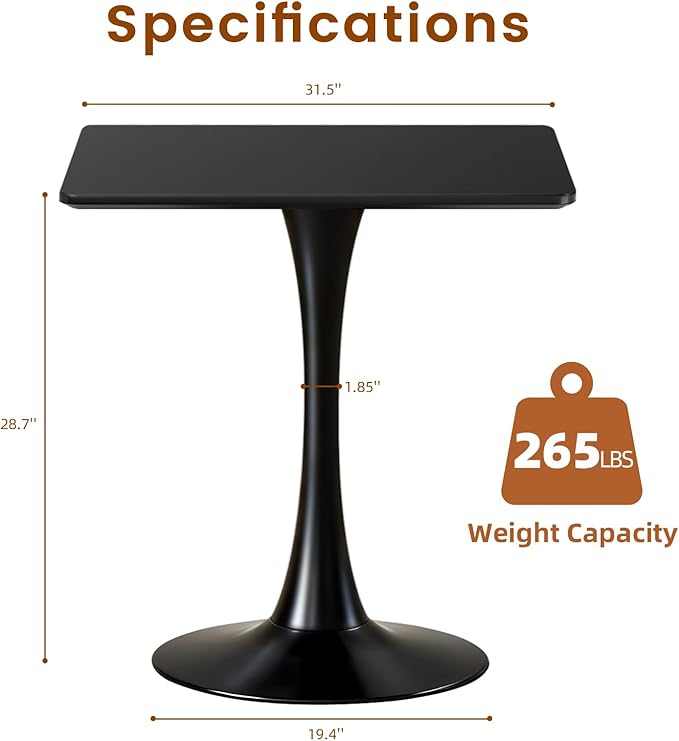 Square Dining Tulip Table for 4, Mid-Century Modern Table with Sturdy Metal Pedestal for Kitchen, Bistro, Cafe, Leisure (Black, 31.5 INCH)