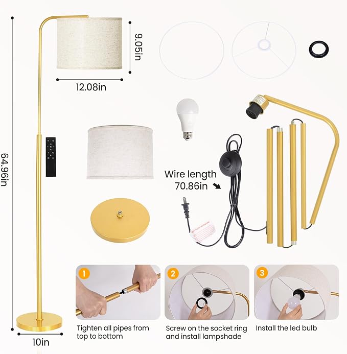 Floor Lamp for Living Room and Bedroom - Modern Standing Lamps Tall with Dimmable LED Bulb and Remote Control - Black Stand Arc Light With Shade for Reading Home Decor Corner and office（Gold）