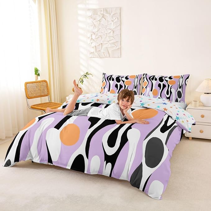 Erosebridal Mid Century Modern Abstract Duvet Cover Set Vintage Geometric Queen Bedding Set for Preteen Boys Girls Contemporary Organic Shapes Comforter Cover Squiggle Blob Bed Sets,Lavender Peach