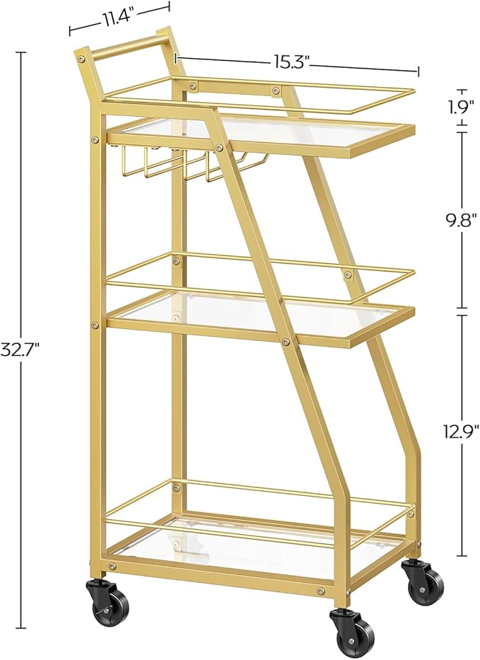 Bar Cart for The Home, Small Bar Cart on Wheels, Home Bar Serving Cart with Glass Holder, for Kitchen, Transparent and Gold BC03GD