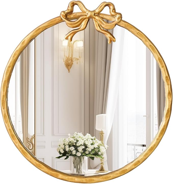 24 Inch Vintage Gold Round Wall Mirror, Antique Ornate Metal Circle Mirror with Baroque Bow Decor for Bathroom Vanity, Bedroom, Living Room, Hallway (Gold, 24" Lx24 W)