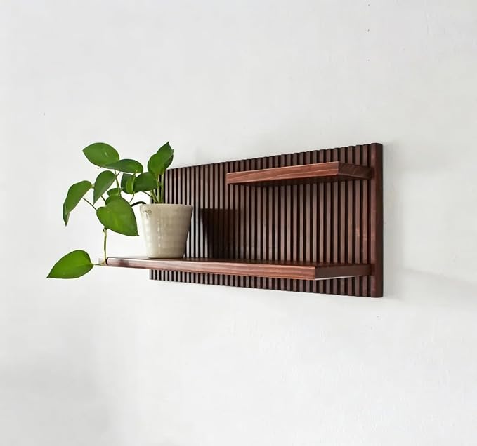 Fluted Wood Wall Shelf - Mid-Century Modern Style with Larger Bottom Shelf