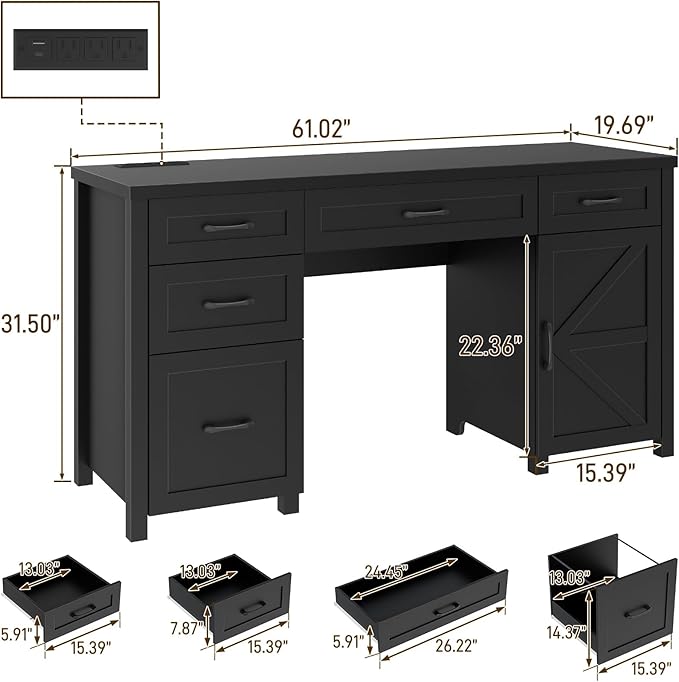 Farmhouse 61'' Executive Desk with 5 Drawers, Rustic Office Desk Computer Desk with Charging Station, File Drawers and Storage Cabinet, Wood Workstation for Study and Home Office,(Pure Black.)
