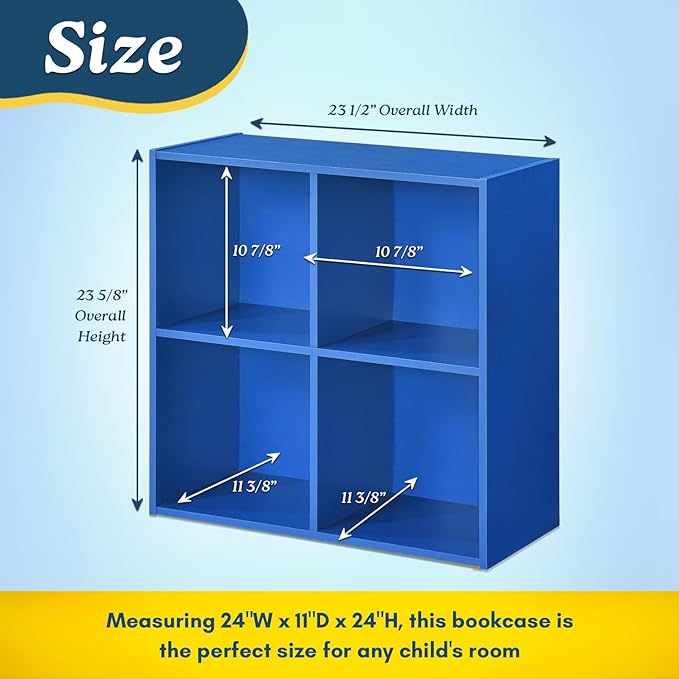 Kings Brand Furniture George 4-Cube Storage Organizer, 2-Tier Bookcase with Wood Shelves for Living Room, Bedroom, Nursery, or Home Office (Blue, 1-Pack)