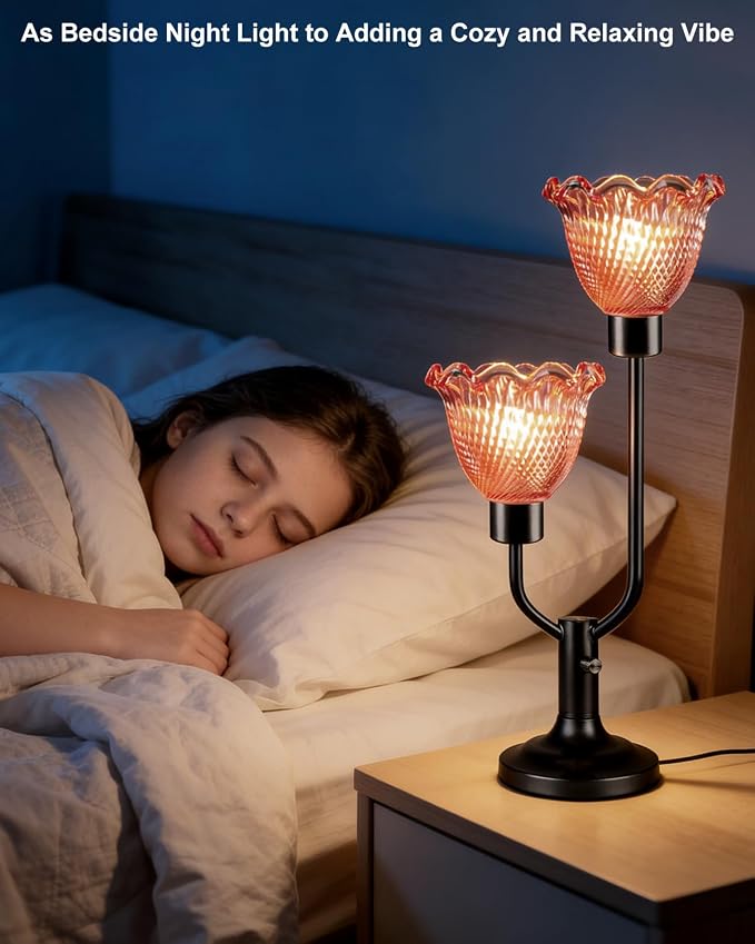 Lightdot Mid Century Modern Red Table Lamp Dimmable Flower Glass Desk Lamp Vintage Black Nightstand Lamp 2 Bulbs Included Warmwhite Ambient Bedside Lamps for Living Room Bedroom Home Office Decor Gift