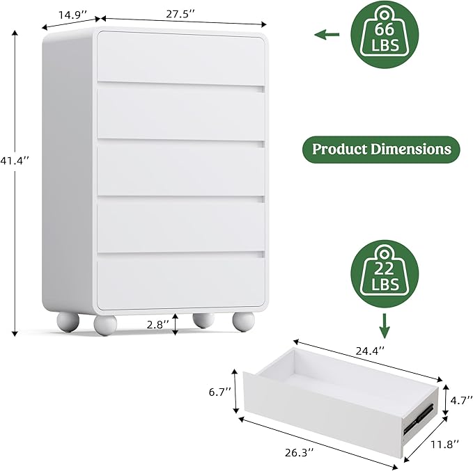 Lulive Wood Dresser for Bedroom, 41” Tall Chest of Drawers with 5 Drawers, Modern Closet Storage Drawer with Curved Profile Design for Living Room, Hallway, Entryway, White