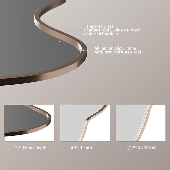 Irregular Wall Mirror Wavy Asymmetrical Shaped Aluminum Alloy Framed Big Unique Full Length Mirror for Living Room Bathroom Bedroom Entryway Fireplace (Gold, 47"x21")