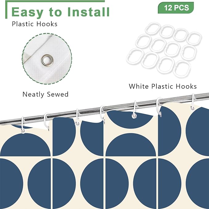 Dark Blue Mid Century Modern Shower Curtain, Boho Abstract Geometric Retro Art Shower Curtains for Bathroom, Colorful Unique Pattern Polyester Fabric Shower Curtain Set 12 Hooks 72X72IN