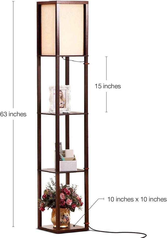 Brightech Maxwell - Modern Shelf Floor Lamp with Lamp Shade & Warm White LED Bulb, Corner Display Floor Lamp with Shelves for Living Room, Bedroom, Nightstand Office, Home Decor Storage - Havana Brown