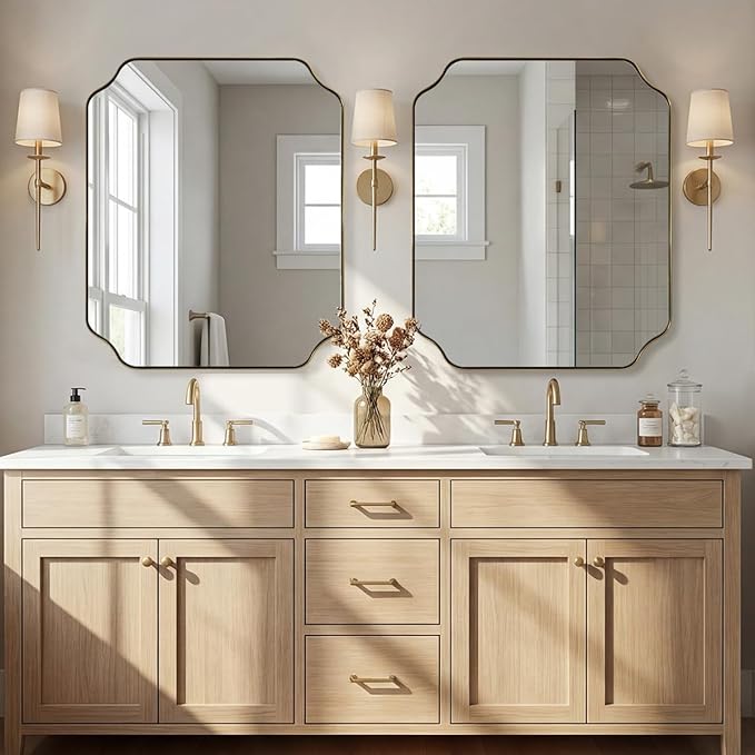 ANDY STAR 30"x36" Gold Bathroom Mirror, Brushed Brass Rectangle Mirror for Bathroom, Scalloped Vanity Mirror in Anti-Rust Stainless Steel Metal Thin Frame, Wall Mount Vertical or Horizontal
