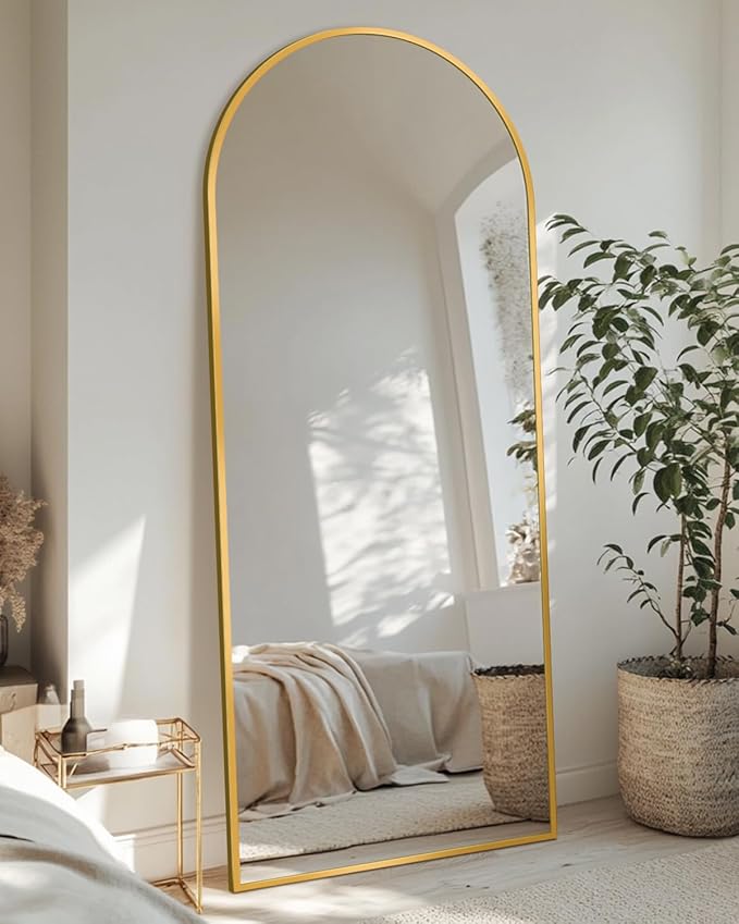 Full Length Mirror with Stand, 58"x19" Arched Full Body Mirror, Large Stand Up Aluminum Frame Floor Freestanding Hanging Leaning Mounted for Bedroom Living Room Entryway Gold
