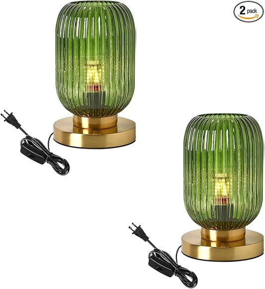 Glass Table Lamp of 2 Mid Century Table Lamps Modern Globe Table lamp Vintage Gold Desk Lamp Nightstand Lamp with Green Ribbed Design Shade for Bedside Bedroom Living Room Offic