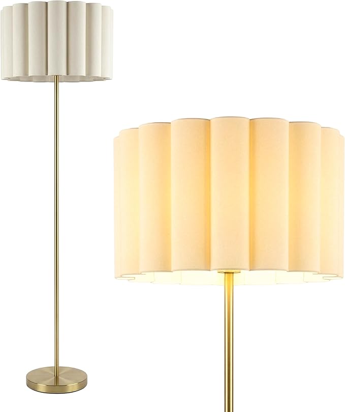 Brightech Estelle LED Floor lamp - 65” Tall Standing Floor Lamp - Modern Scalloped Cotton Shade for Boho, Mid-Century, Contemporary Decor - Warm Light for Living Room, Bedroom Office - Gold Brass