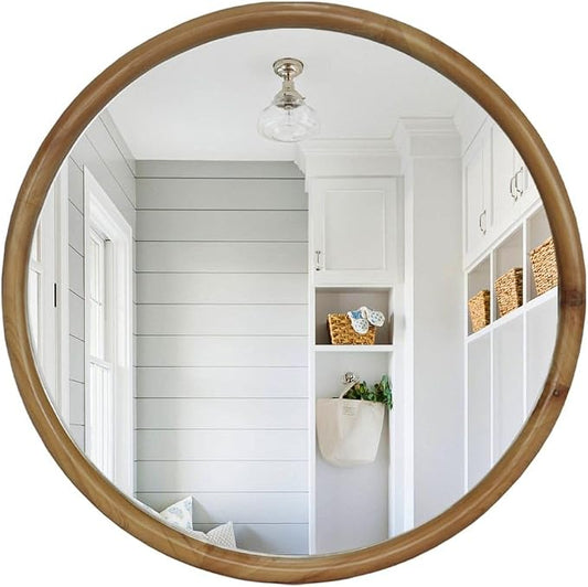 35.43" Round Wood Framed Wall Mirror, Natural Wooden Circle Mirror for Bathroom, Bedroom, Entryway, Mid-Century Modern Decorative Large Mirror with Natural Wood Frame