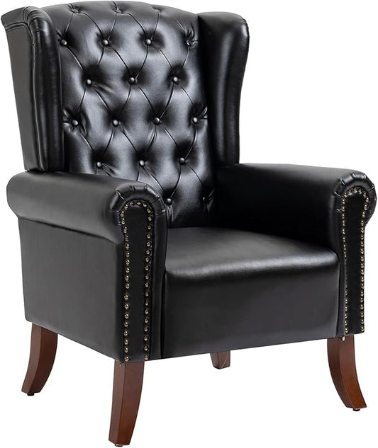 MOJAY PU Leather Accent Chair, Mid-Century Living Room Sofa Chair, Upholstered Arm Chair with Sturdy Wooden Legs, Faux Leather Club Chair for Bedroom Study Home Office Reception (Black)