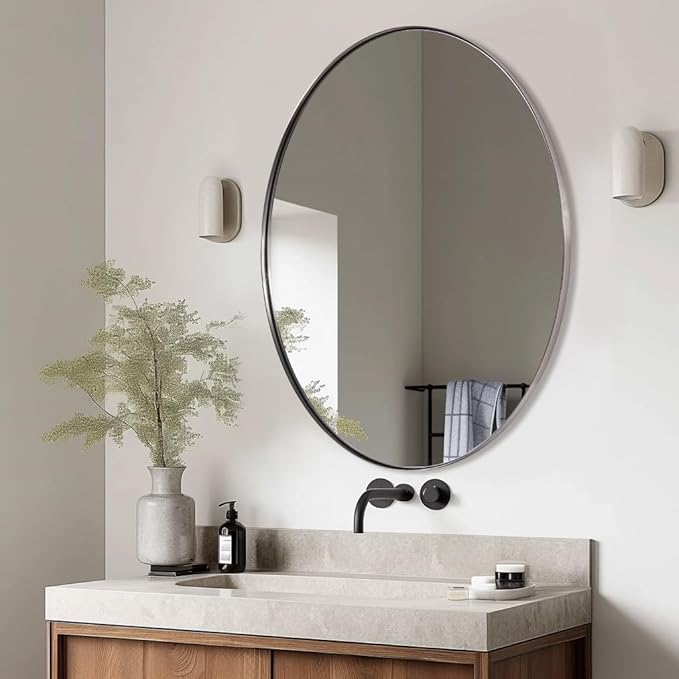 ANDY STAR Brushed Nickel Oval Mirror,24 x 36 Inch Bathroom Mirror Brushed Nickel Stainless Steel Metal Frame, Oblong Mirror Pill Shaped Mirrors for Bathroom Wall Mount Horizontal or Vertical